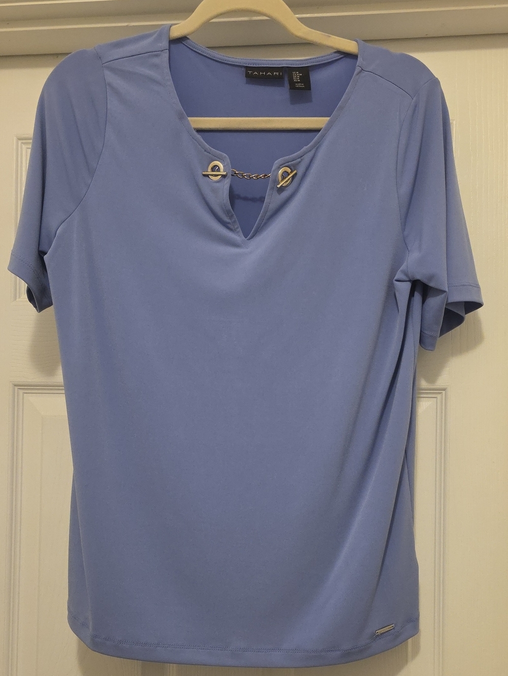 Tahari Periwinkle Short-Sleeve Top with Silver Chain Accent